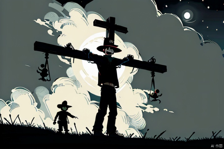  scare crow,boy,hanging on crucifix, field,gothic,night