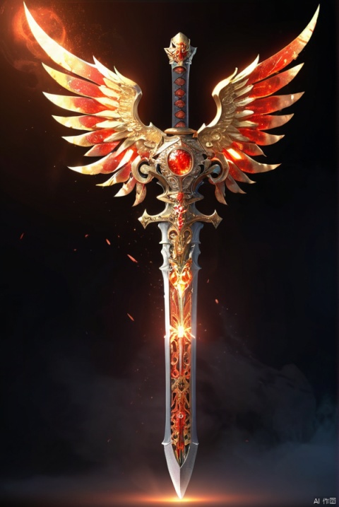  CG hd rendering, a Chinese sword radiation red flames surrounded by angels wings of golden lightning in the tomb, Highlight the hilt Highlight the hilt sapphire inlaid, craft, complex metal details, ancient Chinese background, 8 k, ultra clear, game art, blizzard style art trend, optical haze in the darkness of the light body, light body, light in the dark lighting, rendering a new value, on the contrary, the unreal engine, symmetrical, Zoom structure 4k, HD