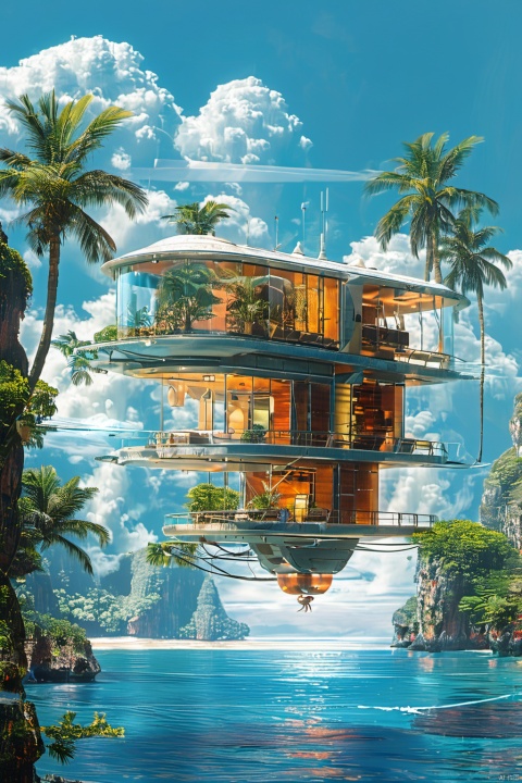  The image showcases a futuristic, floating house situated above a serene body of water. The house is designed with a combination of transparent and opaque sections, allowing for a panoramic view of the surroundings. It features multiple levels, with balconies, terraces, and a helipad. The house is adorned with various plants, including palm trees, and has a modern architectural style. In the background, there are rocky cliffs and a vast expanse of water, with a few distant islands visible. The sky is partly cloudy, and there's a sense of tranquility and luxury emanating from the scene.