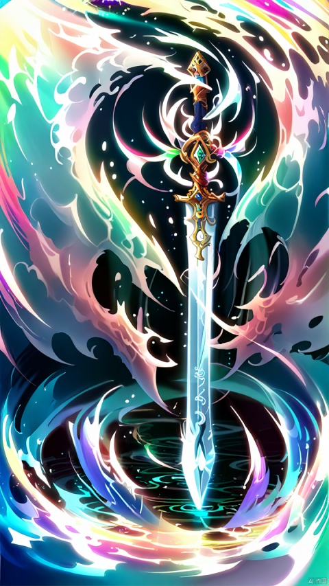  ancient mystical sword, highly detailed and intricate, gleaming blade, long blade more prism, no humans, more prism, vibrant color