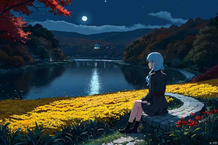  ,1girl with lightblue longhair and blue eyes,
(masterpiece:1.5), (illustration:1.5), (beauty:1.5), (perfect details:1.5), (clear background:1.25), (depth of field:0.7), (moonlight:1.5), (long road:1.15), (flower), (life), (autumn), (wind), (red leaves), (dark river), (peaceful mind), (deep thoughts), (reflection), (clear moon), (coolness), (autumn night), (chirping insects), (white steps), (red dewdrops), (parting), (fallen osmanthus flowers), (sorrow), (blowing wind), (yellow leaves), (drunken beauty), (moonlit tower), (clear stream), (transience), (tears), (reflection).
1girl with lightblue long hair, hair flowers,hime cut, 1girl, xinniang,backlight, mz-hd,ll-hd