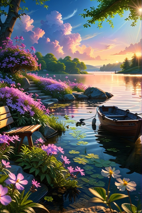  detailed background,( Calm spring night landscape), amongst lush greenery, beautiful view, creeping phlox in full bloom, creeping phlox, early morning, sunrise sky, beautiful clouds, dappled sunlight, outdoor seating, one lamp, Tranquil Lake, Boat on a Lake, depth of field, masterpiece, best quality, ultra-detailed, very aesthetic, illustration, perfect composition, intricate details, absurdres, moody lighting, wisps of light, no humans,