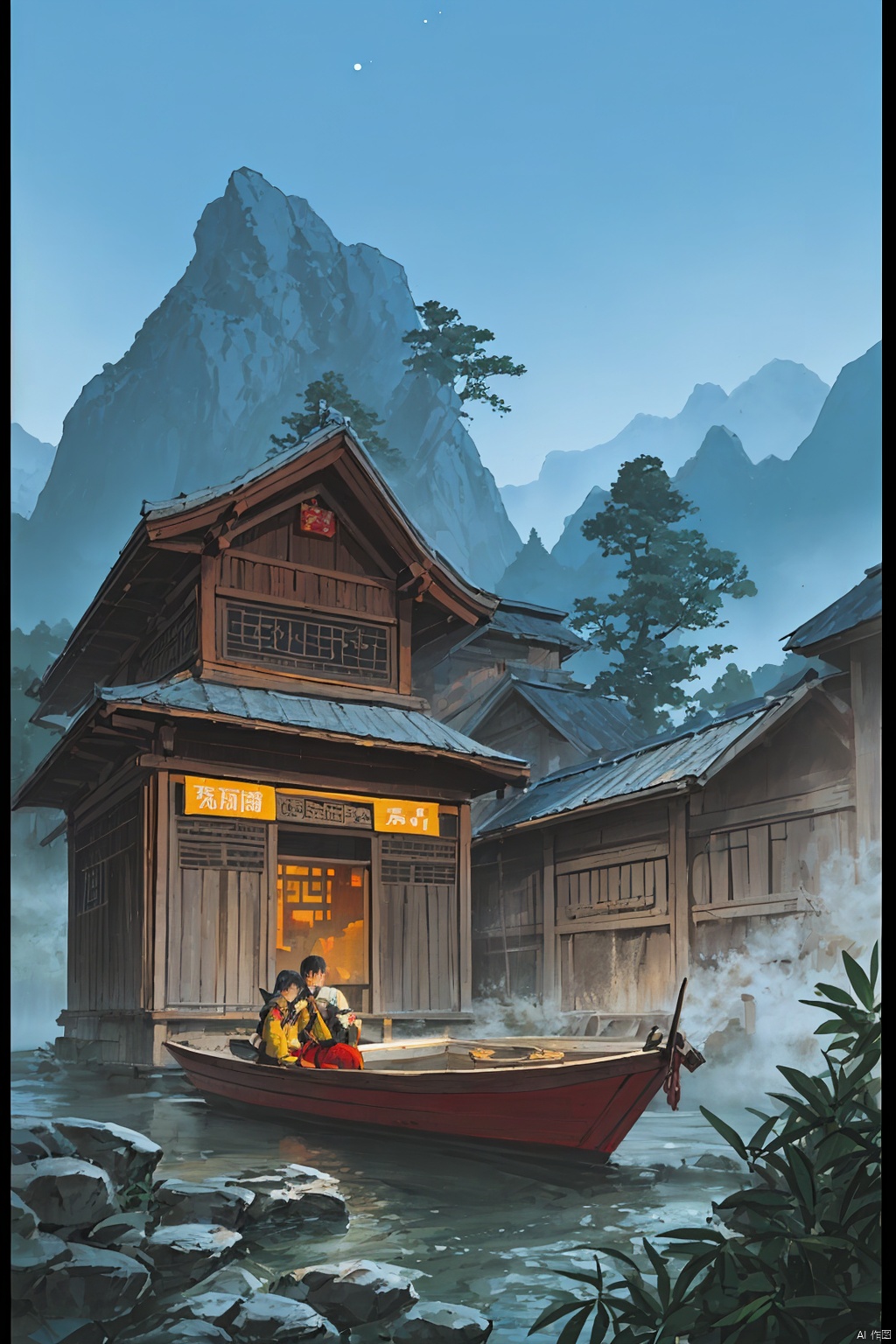 Jiangnan Water Town, pavilions and pavilions, traditional style, the starry sky is fascinated by mountains and fields, with fog, lights, people returning, exotic flowers and plants, maple leaf boat, bright fishing fire, HD plants, realistic portrayal, 4K
