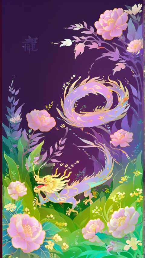  (Fantasy color) Purple Dragon King, design border, grass, Xiangyun flowers, full, with Chinese traditional Oriental rhymes