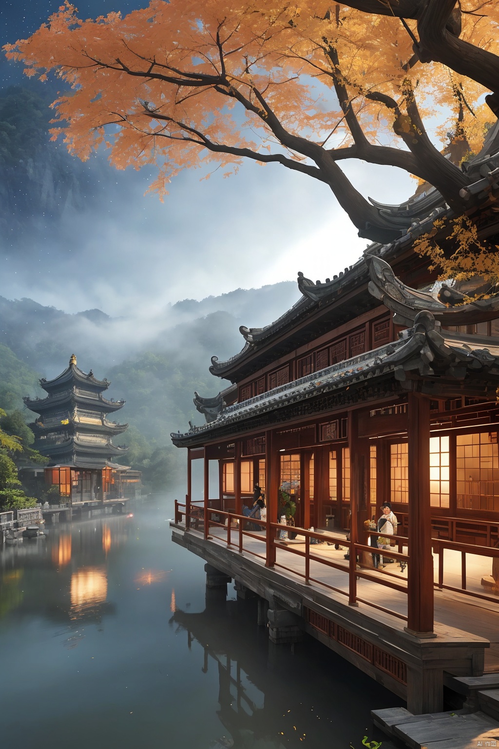 Jiangnan Water Town, pavilions and pavilions, traditional style, the starry sky is fascinated by mountains and fields, with fog, lights, people returning, exotic flowers and plants, maple leaf boat, bright fishing fire, HD plants, realistic portrayal, 4K