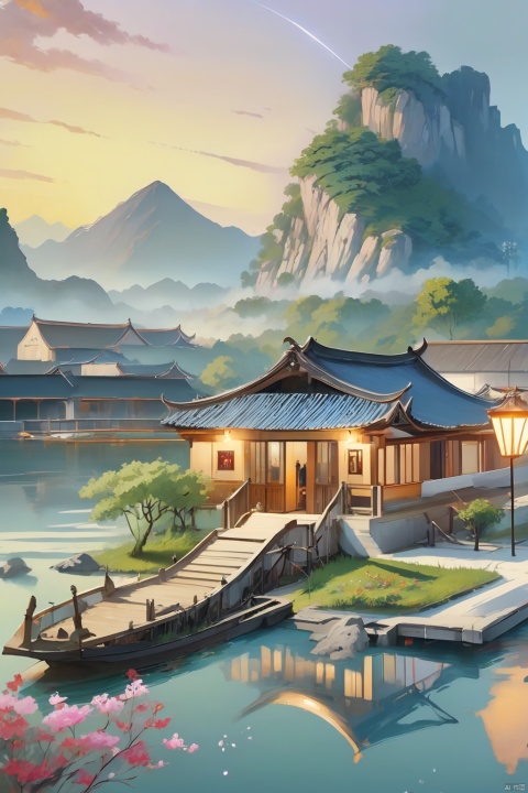 Jiangnan Water Town, pavilions and pavilions, traditional style, the starry sky is fascinated by mountains and fields, with fog, lights, people returning, exotic flowers and plants, maple leaf boat, bright fishing fire, HD plants, realistic portrayal, 4K