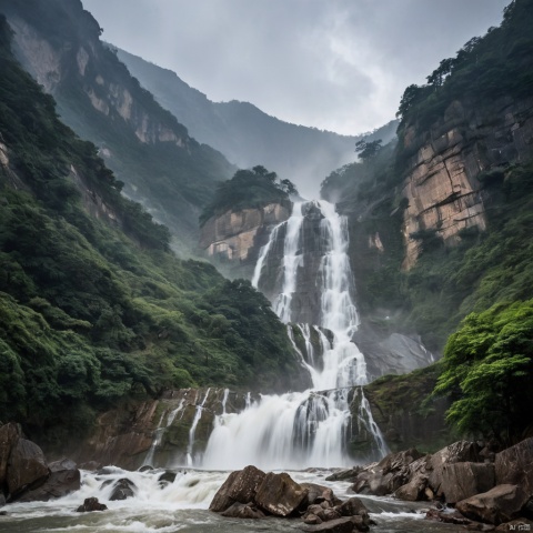  Amidst Lushan's grandeur, a waterfall roars, fueled by raging winds and torrential rain. Cascading down rugged cliffs, it paints a dramatic spectacle against the stormy backdrop. Nature's raw power commands awe, amidst mist and tumultuous currents.