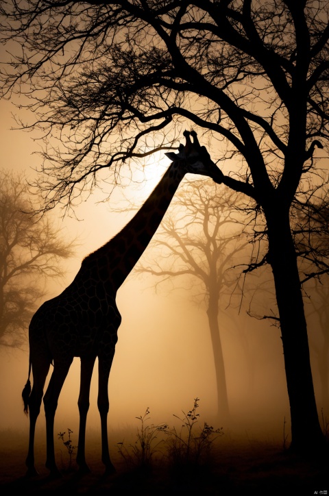  dark silhouette of an ethereal shadow of a Giraffa | appearing in the mist | chiaroscuro | dark golden palette | 8K; darkness; shadow silhouette