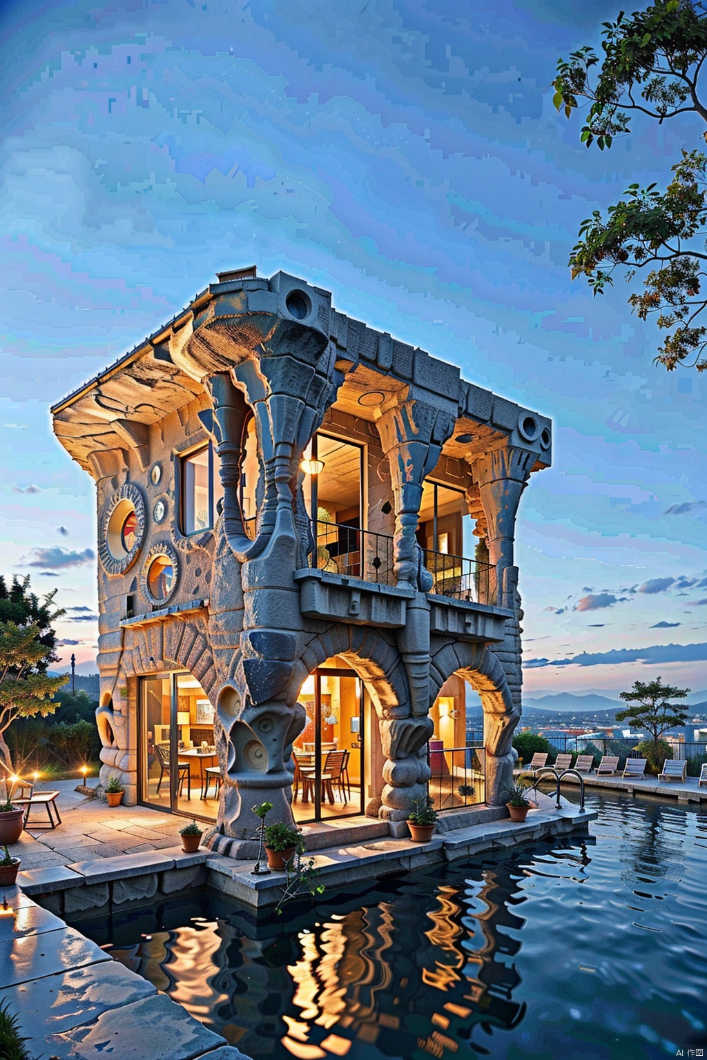  The image showcases a whimsical and intricately designed house that appears to be floating above the water. The house has multiple levels, with a prominent red-tiled roof, multiple windows, and various decorative elements. There are antennas, a satellite dish, and other technological devices attached to the house. The house is surrounded by a deck with seating, plants, and a table. Below the house, there's a large rock formation that supports the house. The backdrop is a serene blue sky with fluffy white clouds.