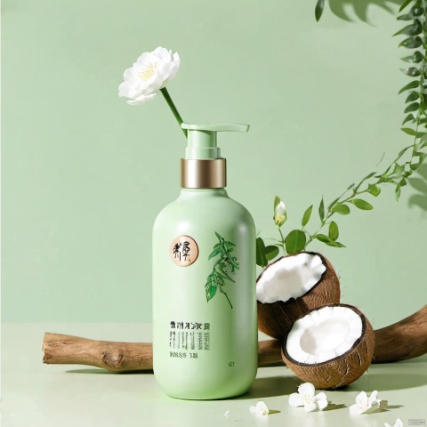  xihuwen, Light green bottle, oval bottle, left measured light, coconut, small flower decoration, wide angle, e-commerce photography, simple tree branch light background