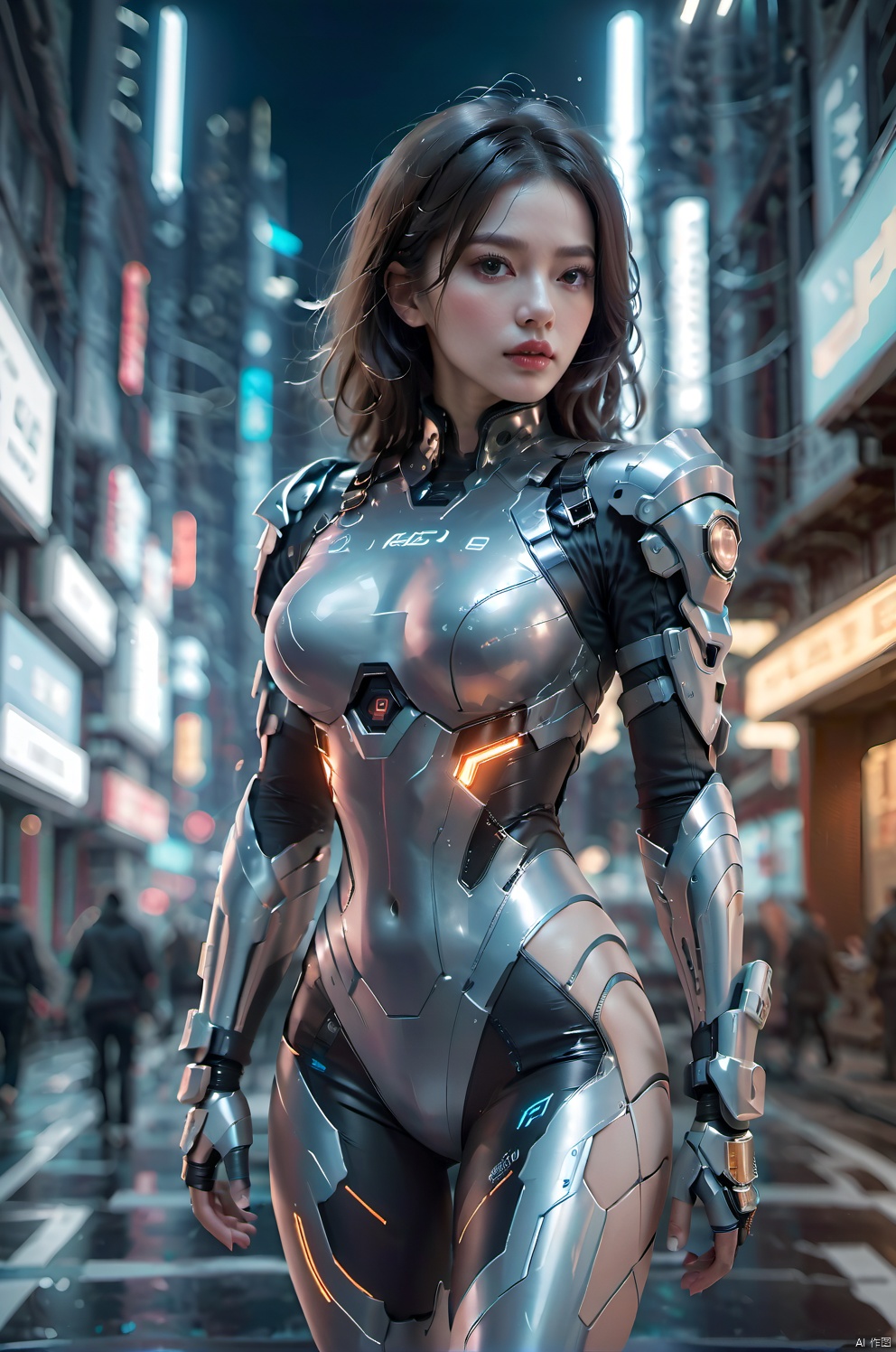  1girl,Future style gel coat,Future Combat Suit,armor,blurry background,bodysuit,breasts,building,Glowing Clothing,Shoulder mecha,Oblique lateral body,Above the knee,Grey gel coat,Upper body,Clothing with multiple light sources,city,cowboy shot,cyberpunk,depth of field,looking at viewer,medium breasts,realistic,science fiction,solo,standing