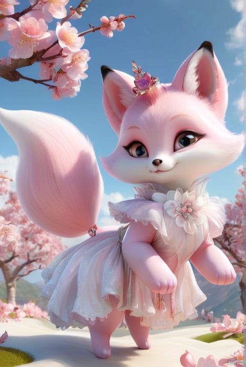  A pink fox baby with a big fluffy long tail, wearing softly royal dress, super super cute , lay on a cloud in paradise,big eyes, many peach blossoms, clean sunshine, enchanting,fluffy,shiny mane,Petals,fairyism, Pixar style, smile happily,anthropomorphic, trending on artstation,illusory engine 5 and Octane Render, 4k,HDR