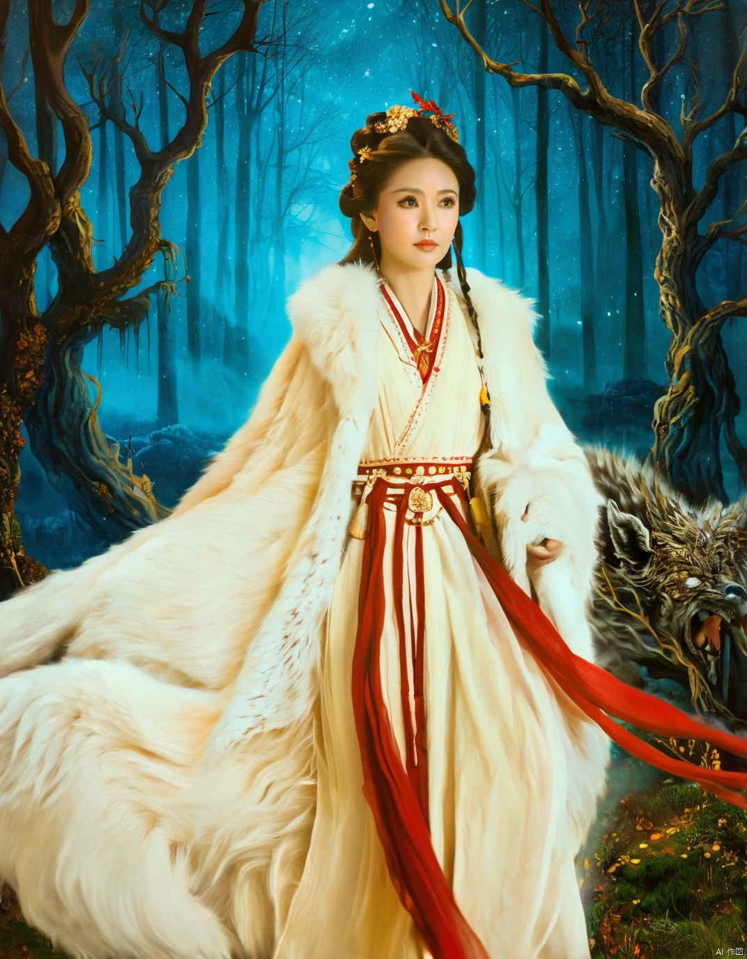  cinematic still This vivid oil painting captures a mystical atmosphere with a girl in traditional hanfu attire, colored in rich shades of red and gold, against a backdrop of a misty, ancient forest. A colossal white wolf with thick fur and piercing blue eyes stands closely behind her, exuding a protective aura. The soft brush strokes highlight the wolf's fur and the intricate patterns on the girl's dress.An illustration of a fantasy giant wolf standing in a mystical forest. . emotional, harmonious, vignette, 4k epic detailed, shot on kodak, 35mm photo, sharp focus, high budget, cinemascope, moody, epic, gorgeous, film grain, grainy