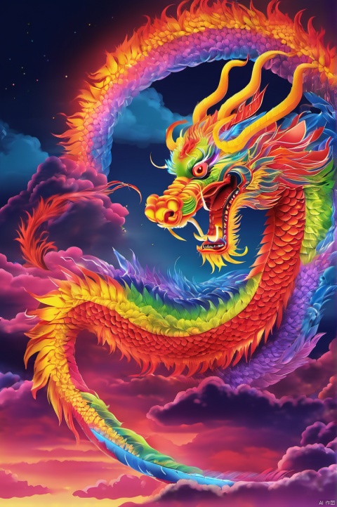  chinese dragon,glowing_eye,rainbow,sky,XCJL,