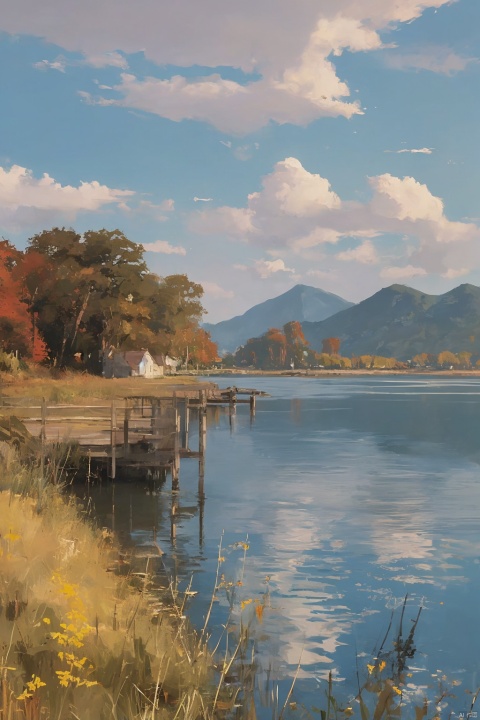 Autumn evening, blue sky and white clouds, houses on the West Lake, golden trees on the bank ","created by Makoto Shinkai and Hayao Miyazaki, popular on cgsociety, soft light, 8K, fairy tales, dreams, tranquility, HD ，8K