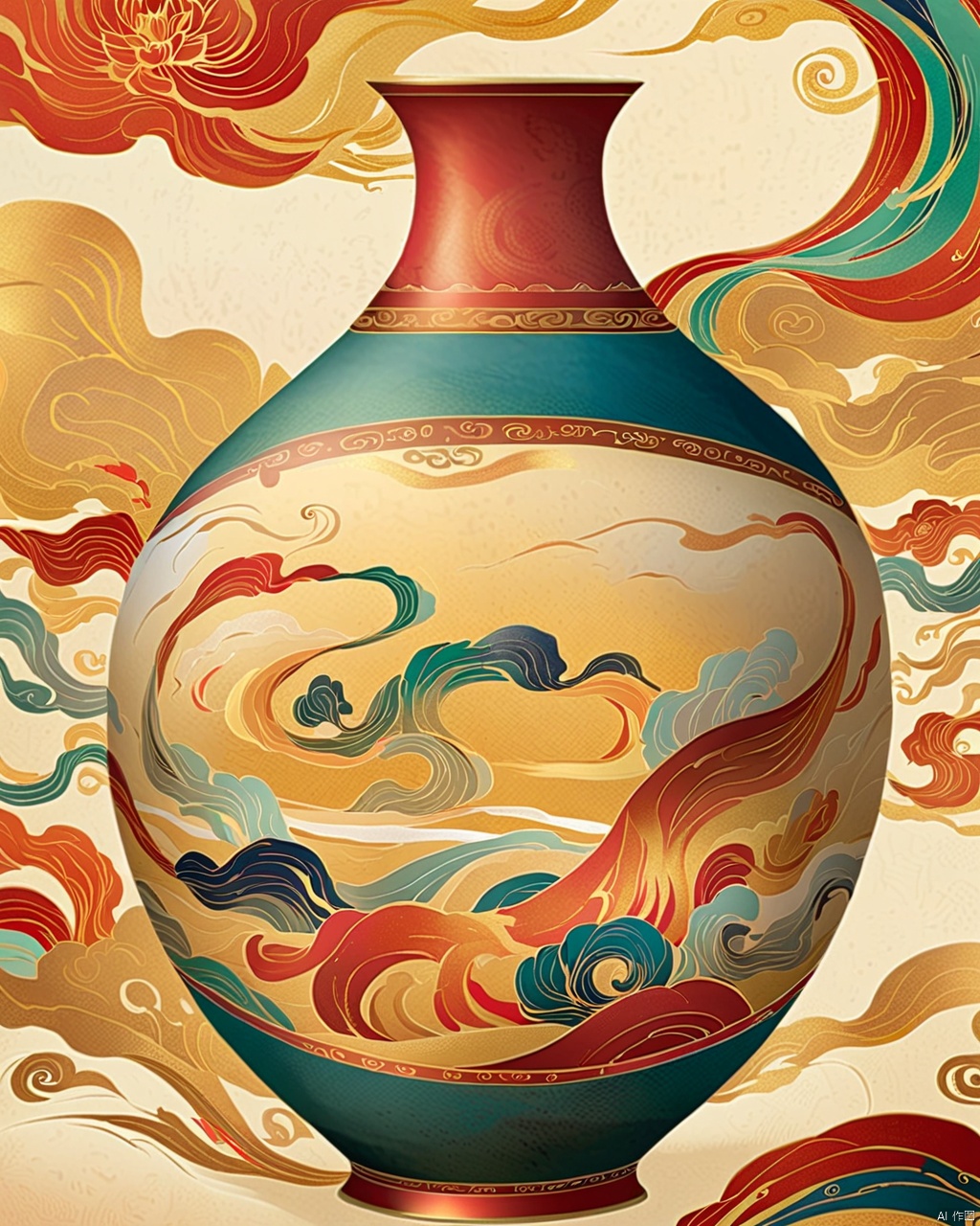  Dunhuang Art, vase painted on Dunhuang Chinese traditional Dunhua murals, glowing inside the vase, smooth lines, frosted texture, gold red color scheme, smooth swirl natural mural background, hand-painted art, HD 8k