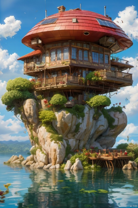  The image showcases a whimsical and intricately designed house that appears to be floating above the water. The house has multiple levels, with a prominent red-tiled roof, multiple windows, and various decorative elements. There are antennas, a satellite dish, and other technological devices attached to the house. The house is surrounded by a deck with seating, plants, and a table. Below the house, there's a large rock formation that supports the house. The backdrop is a serene blue sky with fluffy white clouds.