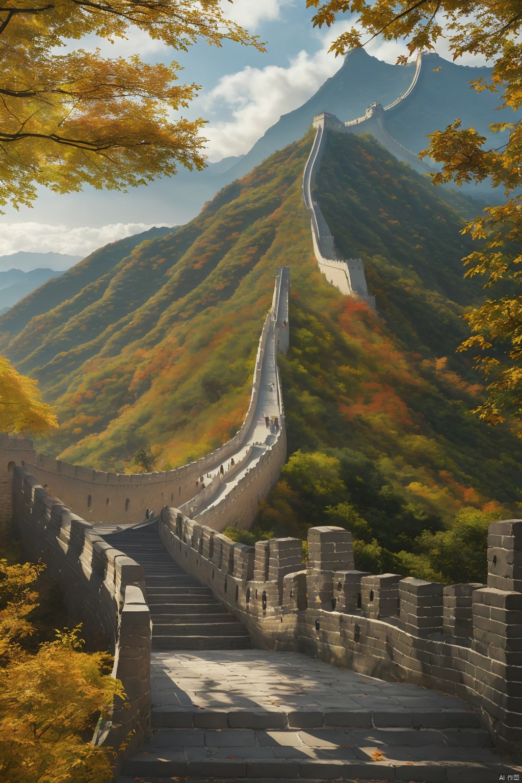 Beautiful great wall of China, autumn scenery, clouds, mountains of maple leaves, realistic photos, HD details, lifelike, 4K,HD