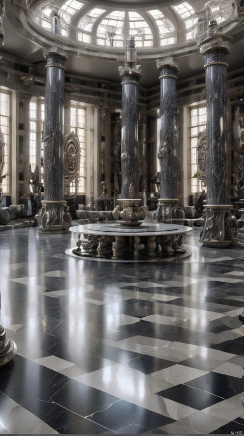  grand hall building, large room, marble pillars with spirals of silver, obsidian floor, circular table in the center made of oak, ornate marble statues, large windows surrounding the room, tapestry banners lining the walls, medieval style, modern style, hyper realistic, super detailed, octane render, 8k, 500dpi, taken on a nikon ds dslr camera,