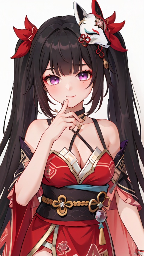  masterpiece,best quality,intricate detail, 1girl,huahuo,simple background,mask on head, fox mask, black hair, twintails, purple eyes,
detached sleeves, parted bangs, looking at viewer, sleeveless, forehead, bangs, sleeveless dress,chinese clothes,cleavage,gradient hair color