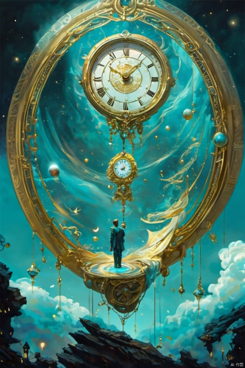  The clock, the hour hand, the minute hand scale, the imprint of time and space crossing, two people standing hand in hand in front of the pendulum, pull down the pendulum, through time and space back to the moment they fell in love,inthe style of visionary otherworldly, editorial illustrationsdetailed skies, dark cyan and gold, swirling vortexes,flattened perspective, pensive stillness,epicting the visually impactful etherea realm of theuniverse,candy-coated,Cyberpunk Fantasy,wujie,masterpiece, best quality, 8k, insane details, intricate detals, hyperdetalled