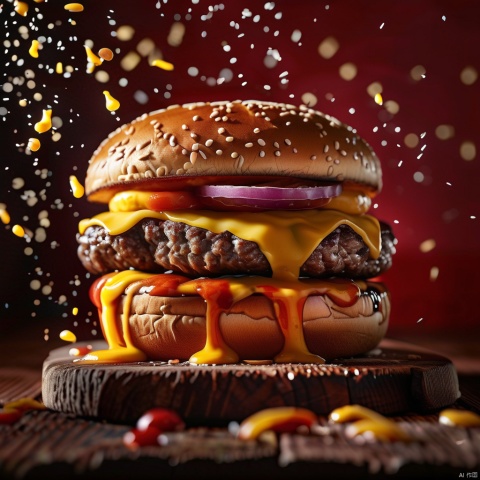  (8k, RAW photo, best quality, masterpiece:1.2),Commercial Photography, Splatted Cheese, Dark Tones, Suspended Layered Hamburger Buns::1.3 , White Lighting, 8k Rendering, High Resolution Photography, Extraordinary Detail, Fine Detail, On Solid Wooden Table, Red Background, 8k, Commercial Photography, Stock Photography, Professional Color Grading::1