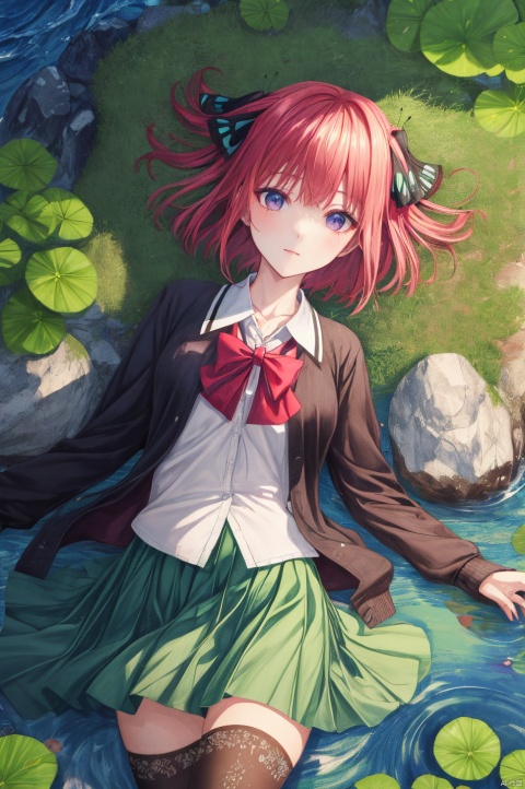  1girl,looking at viewer,solo,pink hair,bangs,short hair,butterfly hair ornament,black ribbon,purple eyes,school uniform,cardigan,black cardigan,shirt,green skirt,thighhighs,zettai ryouiki,,Nino_CYQL,(evil smile,lying,portrait,from_above:1.1),beautiful face,beautiful eyes,glossy skin,shiny skin,Cliffs,Waves,Coastline,Rocks,Sea spray,Seagulls,Dramatic,Power,Water lilies,Japanese bridge,Weeping willows,Lily pond,Impressionist painting,Reflections,beautiful detailed sky,beautiful detailed glow,masterpiece,best quality,beautiful and aesthetic,contrapposto,female focus,fine fabricemphasis,wallpaper,fashion,,