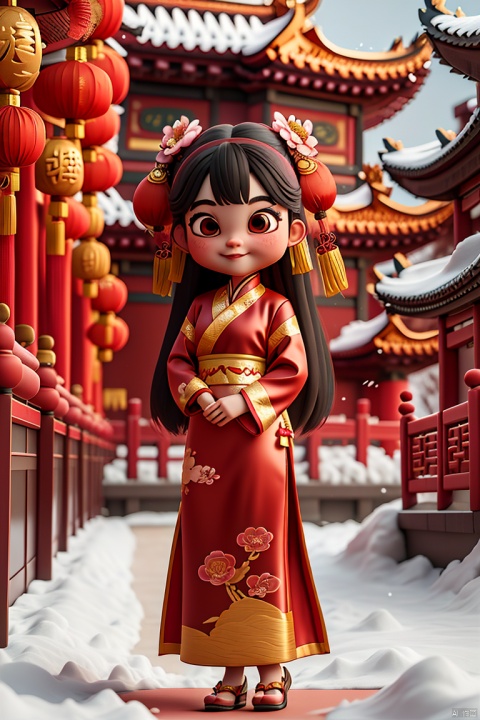  A cute chinese girl,long hair,(wearing Hanfu clothes),(clothes with plum flowers pattern),snow,bright lighting,soft and advanced color,best quality,super detail,3D,capanime screencap,Matte clay,xinnian