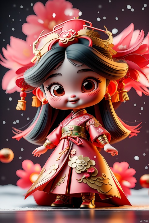  A cute chinese girl,long hair,(wearing Hanfu clothes),(clothes with plum flowers pattern),snow,bright lighting,soft and advanced color,best quality,super detail,3D,capanime screencap,Matte clay,xinnian, 3d stely