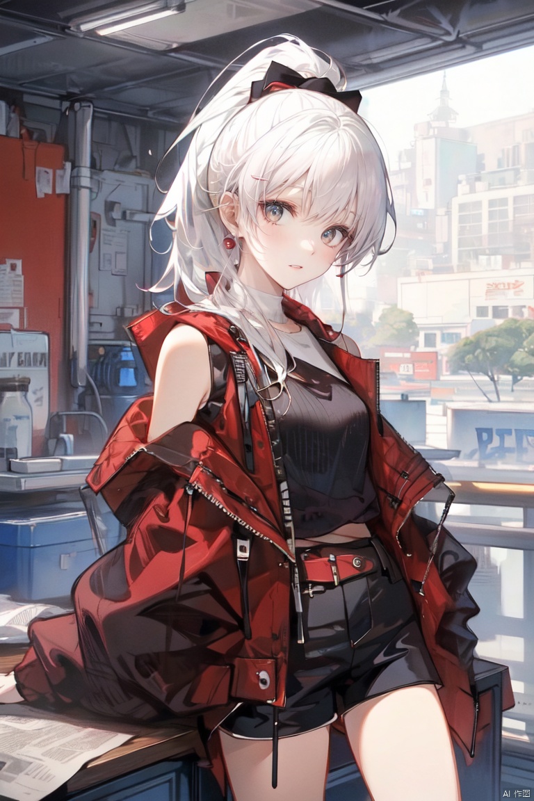  (((white_hair))),1girl, ((yellow_eyes)),(((high_ponytail))), dyzgqzm, presentbox, newspaper, monkren,fashion, midjourney,(((red_coat))),(((smile))), cloak,((black sleeveless blouse)),((white_shorts)), HTTP,NJIP, atdan, midjourney portrait, laser