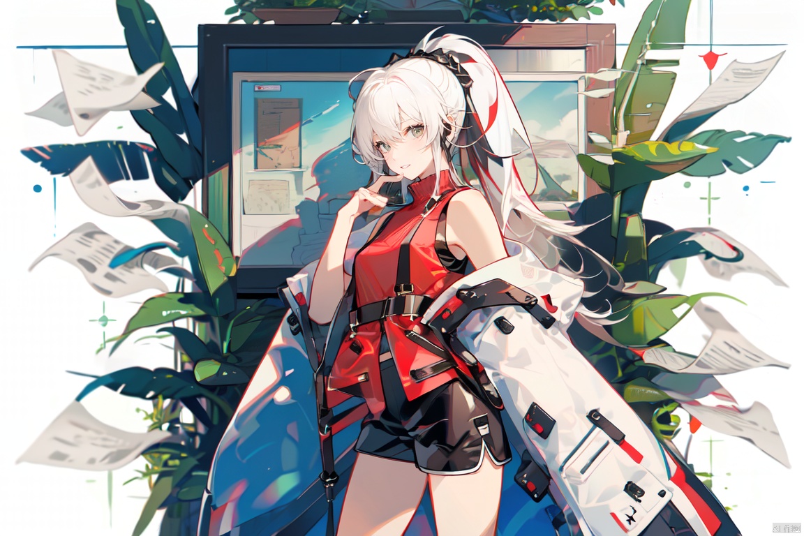  (((white_hair))),1girl, ((yellow_eyes)),(((high_ponytail))), dyzgqzm, presentbox, newspaper, monkren,fashion, midjourney,(((red_coat))),(((smile))), cloak,((black sleeveless blouse)),((white_shorts)), HTTP,NJIP, atdan, midjourney portrait, laser