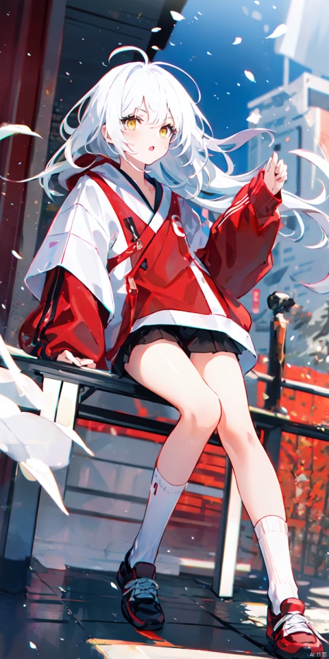 1girl, solo, long hair, white hair, red hanfu,outdoors, sky, shoes, day, socks,snow,yellow eyes