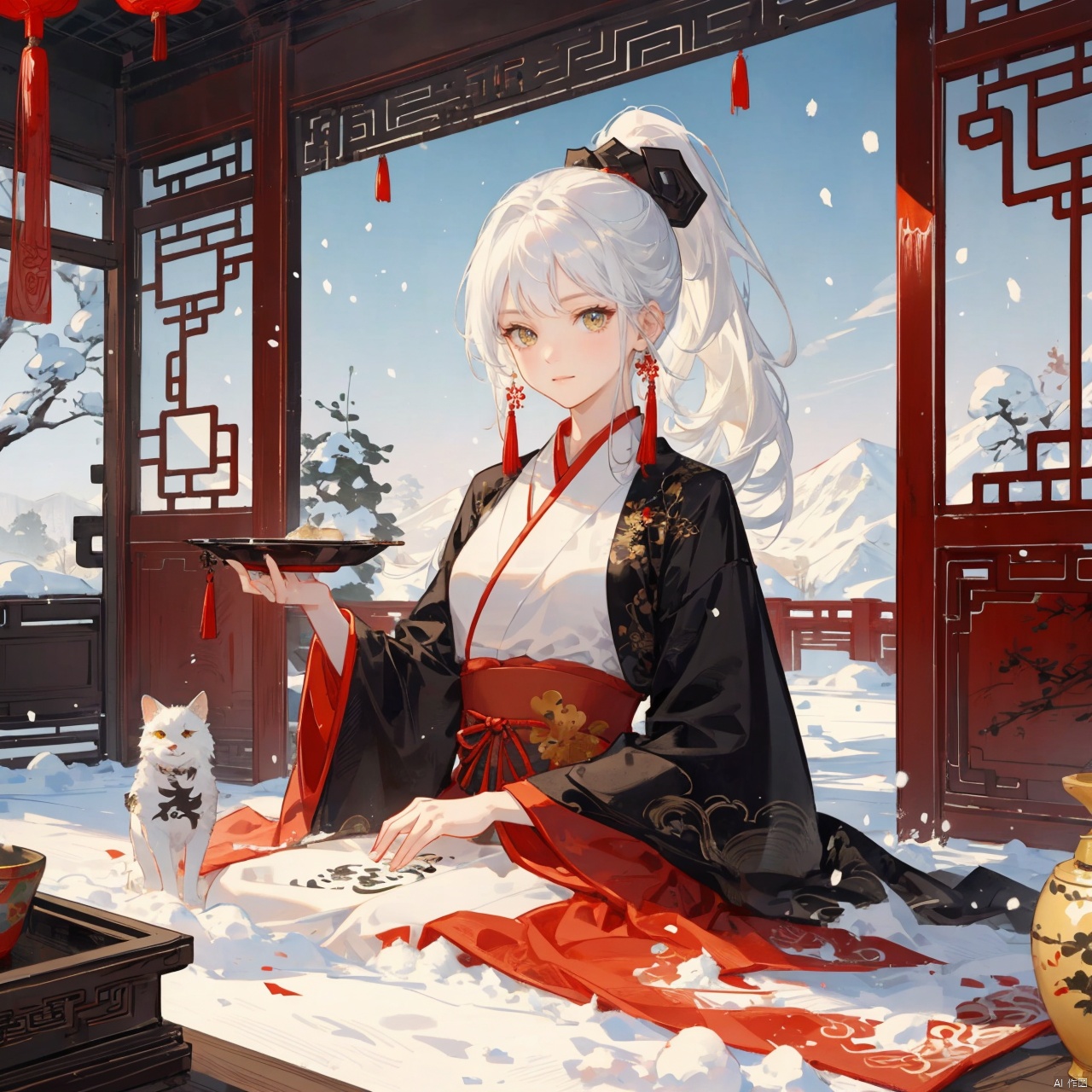  1girl, solo, high ponytail, (white hair), red hanfu,outdoors, sky, snow,yellow eyes,chinese style interior decoration,calligraphy scroll,smile, Ancient China_Indoor scenes, zydink, Chinese ink painting