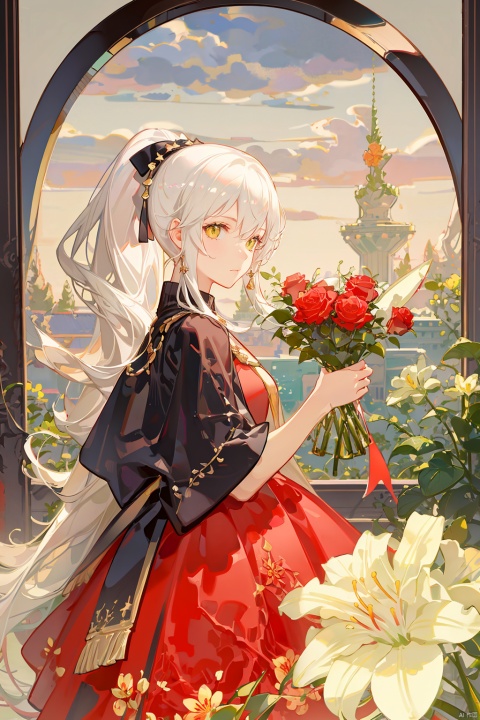  1girl, solo, high ponytail, (white hair), red dress,yellow eyes,holding lilies, roses surround the frame of the picture