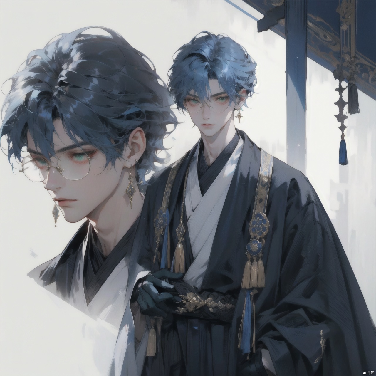 super realistic,best quality,insane details, intricate details, hyperdetailed, hyper quality, high detail, ultra detailed, Masterpiece,depth of field, Ultra High Quality, (masterpiece:1.2), best quality,realistic,midjourney,1boy, gloves, male focus, quill, glasses, jewelry, earrings, eyewear strap, white background, deep blue hair, monocle, holding, black gloves, short hair, hand in pocket, book, shirt, long sleeves, simple background, looking at viewer, tassel, hair between eyes, multiple views, lamp, bangs, collared shirt, paper, single earring, coat, pants, black coat, round eyewear, closed mouth, solo , a boy with deep blue hair_long hair_hanfu, Detail,green eyes, jingxuan