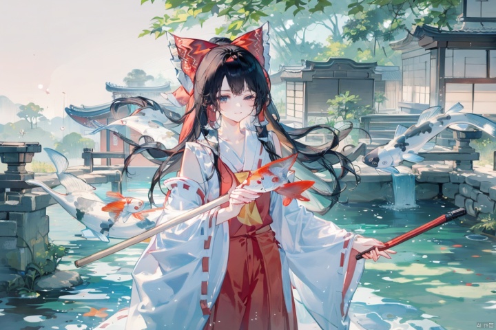  Hakurei Reimu,hanfu,koi,tachi-e,zydink,Looking sideways at the camera,blank background,(Verticalpainting),hakureireimu,Colorfulportraits,smile,全身像,spritesheet,tachi,回眸