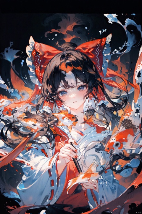  Hakurei Reimu,hanfu,koi,tachi-e,zydink,Looking sideways at the camera,blank background,(Vertical painting), hakurei reimu, Colorful portraits