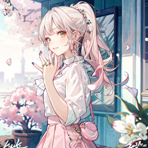  (masterpiece:1.2), best quality,PIXIV,Sweet girl ,1girl, solo, skirt, jewelry, earrings, shirt, smile, cherry blossoms, petals, white shirt, open mouth,looking at viewer, signature, white hair,(pink skirt), english text, blurry, nail polish, yellow eyes, flower earrings , sweet girl,high ponytail, qzchuanda