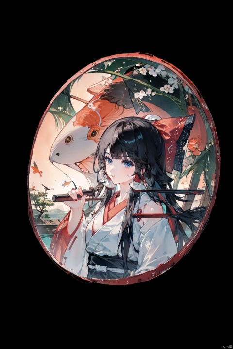  Hakurei Reimu,hanfu,koi,tachi-e,zydink,Looking sideways at the camera,blank background,(Vertical painting)