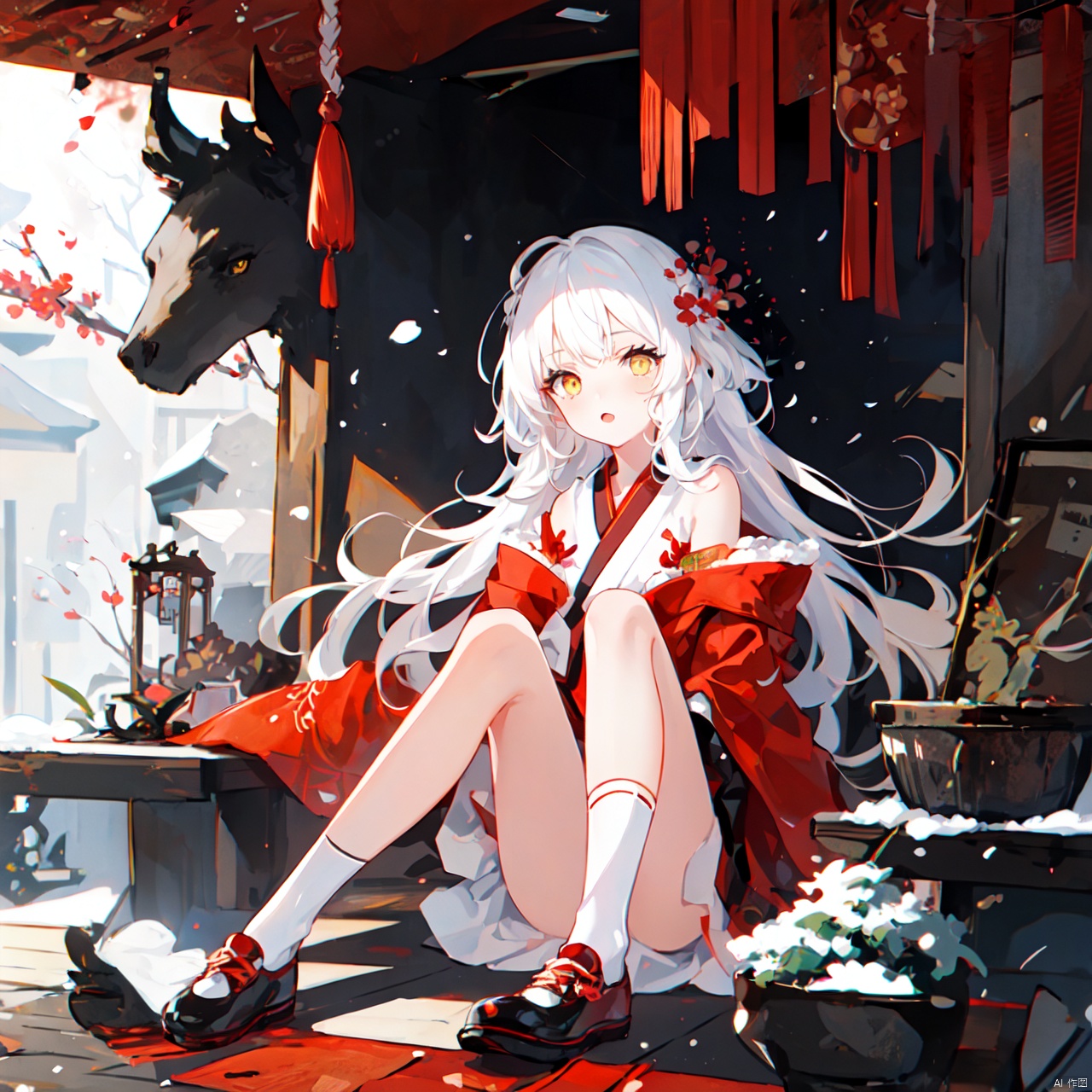  1girl, solo, long hair, white hair, red hanfu,outdoors, sky, shoes, day, socks,snow,yellow eyes,head sculpture,detailed close-up of the head,chinese style interior decoration,calligraphy scroll