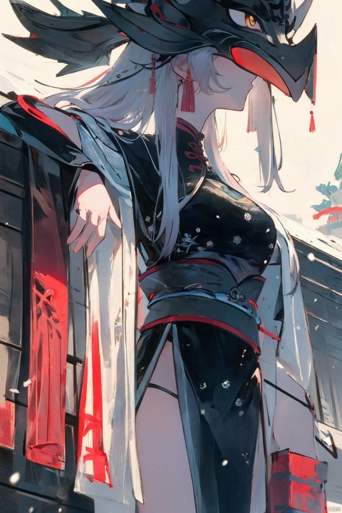  1girl, solo, long hair, white hair, red hanfu,outdoors, sky, shoes, day, socks,snow,yellow eyes,head sculpture,detailed close-up of the head,chinese style interior decoration,calligraphy scroll