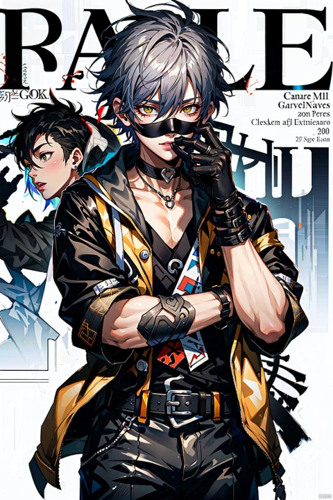  masterpiece, best quality, 1boy ,blindfold,grey hair, gloves,yellow eyes, short hair, 1boy,hand_to_mouth, black blindfold, choker, magazine cover, black choker, solo, black gloves,