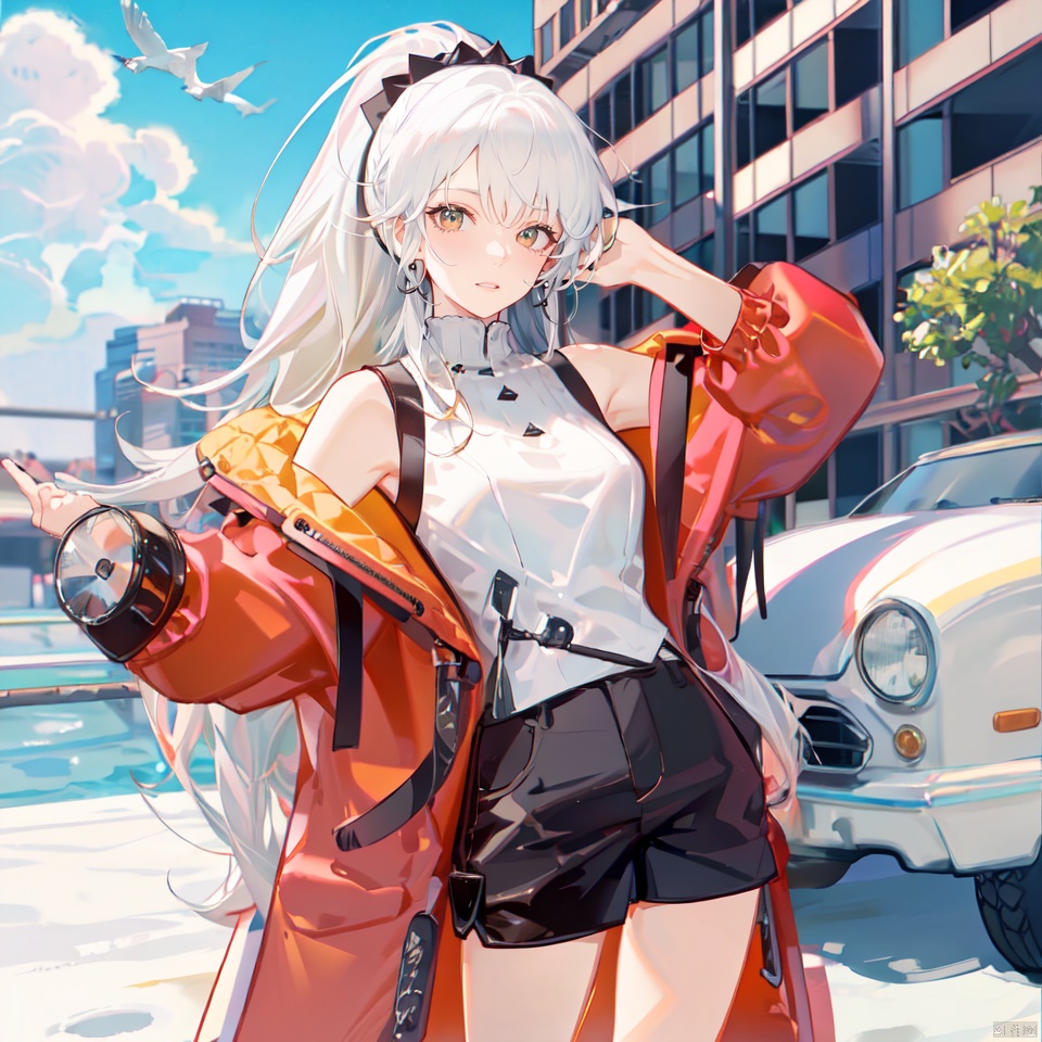  (((white_hair))),1girl, ((yellow_eyes)),(((high_ponytail))), dyzgqzm, presentbox, newspaper, monkren,fashion, midjourney,(((red_coat))),(((smile))), cloak,((black sleeveless blouse)),((white_shorts)), HTTP,NJIP, atdan, midjourney portrait,laser,濉旂綏鐗�,((smiling))