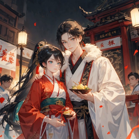  1boy and 1girl,a boy with deep blue long hair_long hair_hanfu_green eyes, Detail,a girl with white high ponytail_red hanfu_yellow eyes_smiling,jingxuan,a couple