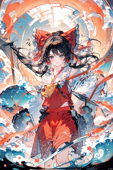  Hakurei Reimu,hanfu,koi,tachi-e,zydink,Looking sideways at the camera,blank background,(Vertical painting), hakurei reimu, Colorful portraits,smile,全身像,sprite sheet,tachi