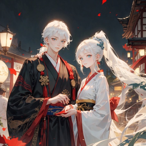  1boy and 1girl,a boy with deep blue long hair_long hair_hanfu_green eyes, Detail,a girl with white high ponytail_red hanfu_yellow eyes_smiling,jingxuan,a couple,a girl with white hair