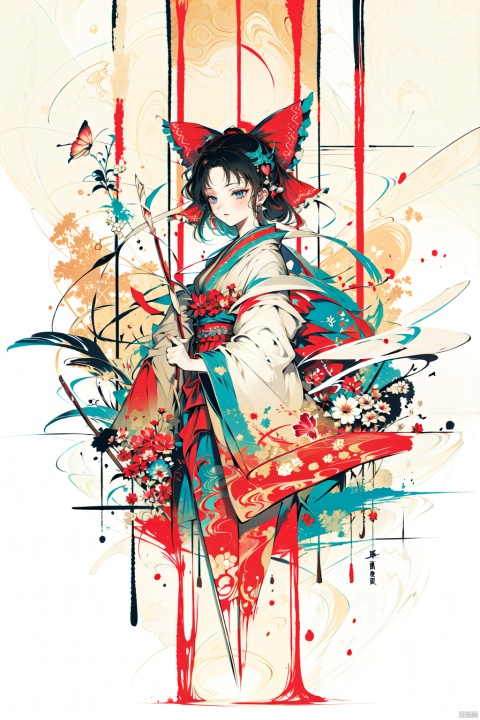 red butterfly, in a colorful fantasy realism style, realistic color palette, wink and you miss details, japanese style art, fluid and organic shapes, light teal and light red, light reflection, hakurei reimu