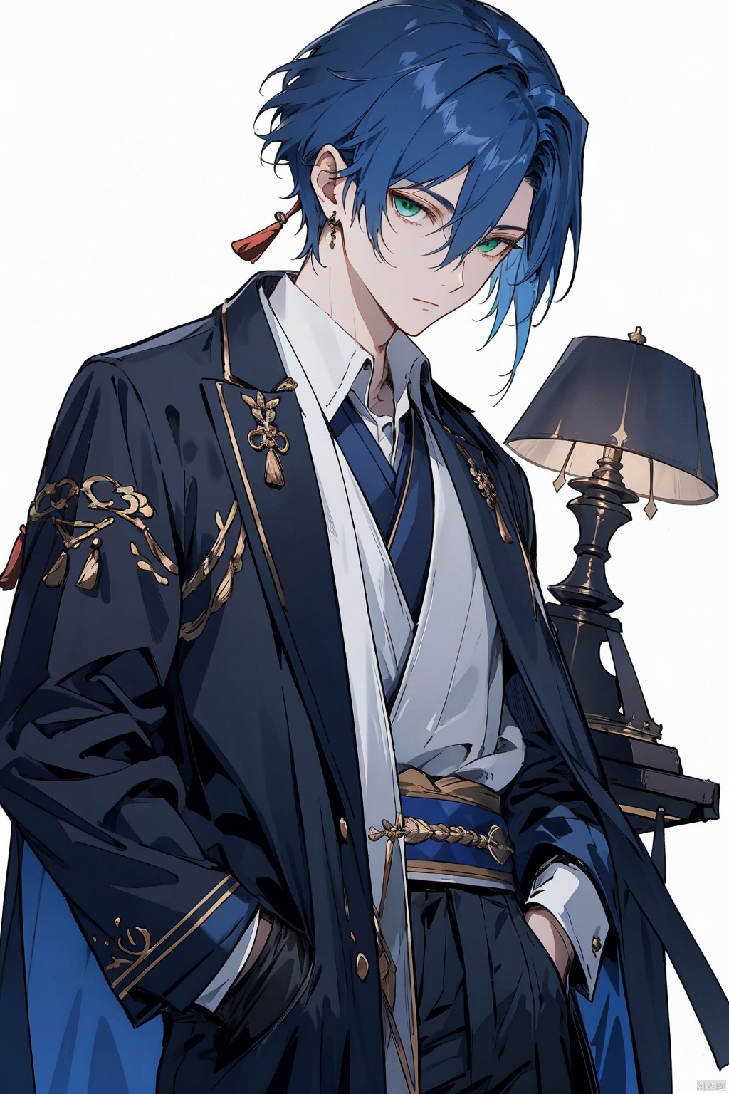  1boy, gloves, male focus,white background, deep blue hair,black gloves, short hair, hand in pocket, book, shirt, long sleeves, simple background, looking at viewer, tassel, hair between eyes, multiple views, lamp, bangs, collared shirt, paper, single earring, coat, pants, black coat, closed mouth, solo , a boy with deep blue hair_long hair_hanfu, Detail,green eyes, jingxuan