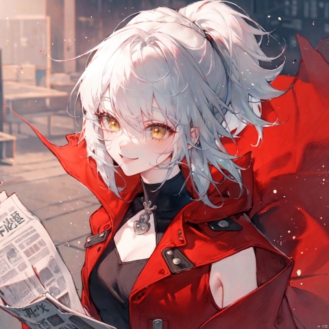  (((white_hair))),1girl, ((yellow_eyes)),(((high_ponytail))), dyzgqzm, presentbox, newspaper, monkren,fashion, midjourney,(((red_coat))),(((smile))), cloak,((black sleeveless blouse)),((white_shorts)), HTTP,NJIP, atdan, midjourney portrait, laser