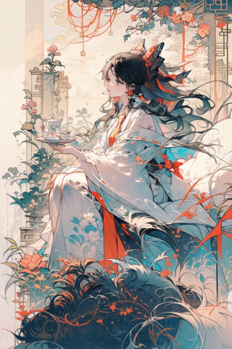  Zen painting illustration,Chinese style,pov,flat_style,anime art style,masterpiece,top quality,best quality,official art,beautiful and aesthetic,Symmetrical composition, symmetrical art,background in the distance is a bustling Chinese city 1 girl,extremely detailed,colorful,flowers,highest detailed,abstract background,shiny skin,many colors,sakura,flowing patterns,textured,(red and white palette),serene,stylized natural elements,minimalist,digital art,vintage aesthetic,tree, solo,(pure White short dress:1.3),like Audrey Hepburn,elegant posture,high heels,bare arms, full body,big eyes,beautiful face,looking_at_viewer,smile,perfect figure,(slender waist:1.2),(long legs:1.3),model figure,Illustration, Luxury coffee shop, coffee, sitting, afternoon tea, white cat, guoflinke, hakurei reimu,koi, midjourney portrait